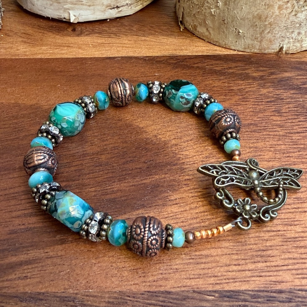 Vintage Artisan Glass Beaded Dragonfly Toggle Bracelet Boho Coastal